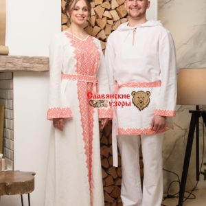Славянский Семейный комплект Рубаха Радомир белая + Платье Царевна-лебедь